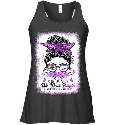 Image of In June We Wear Purple Alzheimer Awareness Messy Bun Support T Shirt