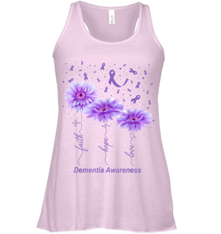 Image of Faith Hope Love Purple Flower Ribbon Dementia Awareness T Shirt