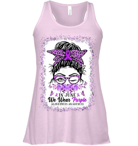 Image of In June We Wear Purple Alzheimer Awareness Messy Bun Support T Shirt