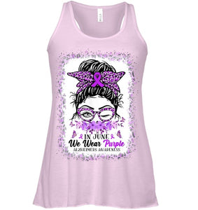 In June We Wear Purple Alzheimer Awareness Messy Bun Support T Shirt