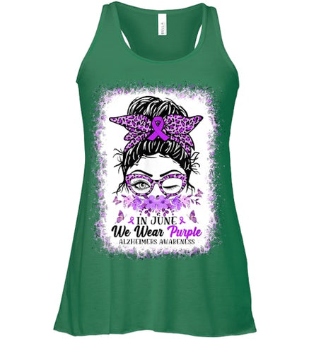 Image of In June We Wear Purple Alzheimer Awareness Messy Bun Support T Shirt