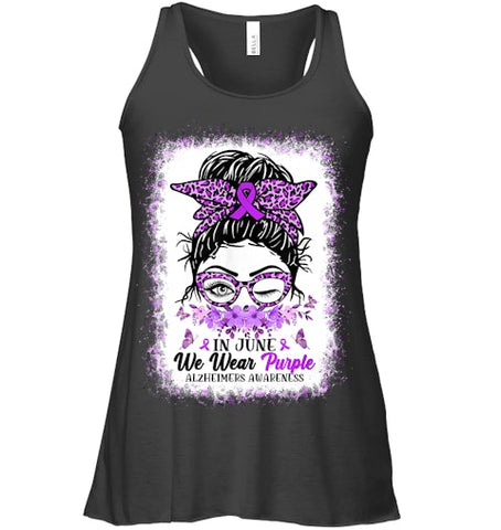 Image of In June We Wear Purple Alzheimer Awareness Messy Bun Support T Shirt