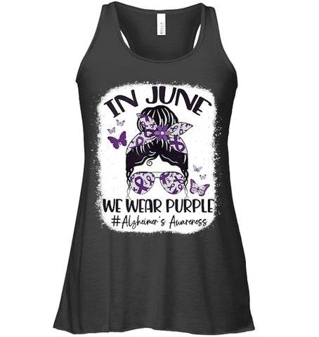 Image of In June We Wear Purple Alzheimer s Awareness Month Messy Bun Tank Top