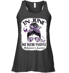 In June We Wear Purple Alzheimer s Awareness Month Messy Bun Tank Top