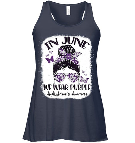 Image of In June We Wear Purple Alzheimer s Awareness Month Messy Bun Tank Top