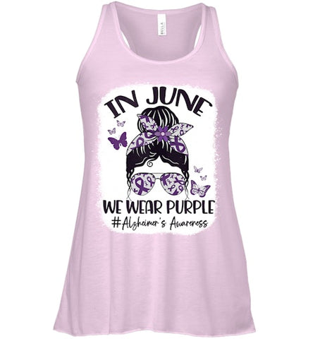 Image of In June We Wear Purple Alzheimer s Awareness Month Messy Bun Tank Top