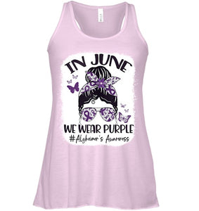 In June We Wear Purple Alzheimer s Awareness Month Messy Bun Tank Top