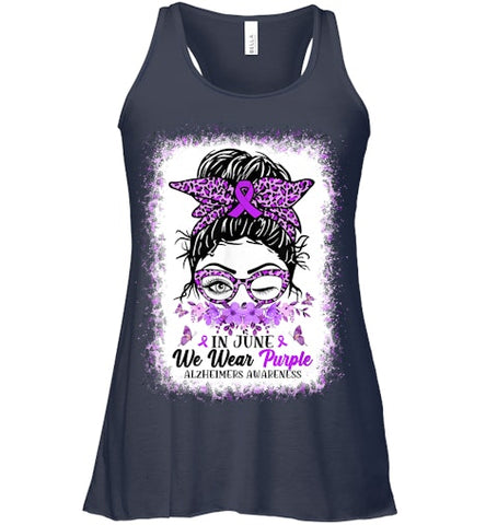 Image of In June We Wear Purple Alzheimer Awareness Messy Bun Support T Shirt