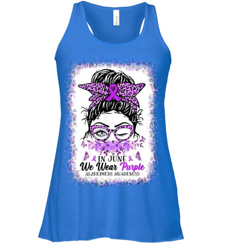 Image of In June We Wear Purple Alzheimer Awareness Messy Bun Support T Shirt