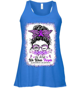 In June We Wear Purple Alzheimer Awareness Messy Bun Support T Shirt