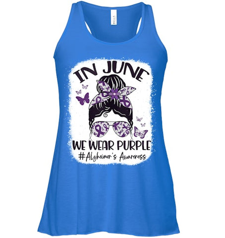 Image of In June We Wear Purple Alzheimer s Awareness Month Messy Bun Tank Top