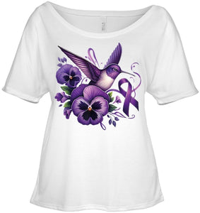 Hummingbird Holding Purple Ribbon Alzheimer Awareness Pansy