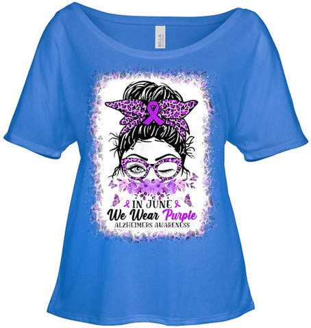 Image of In June We Wear Purple Alzheimer Awareness Messy Bun Support T Shirt