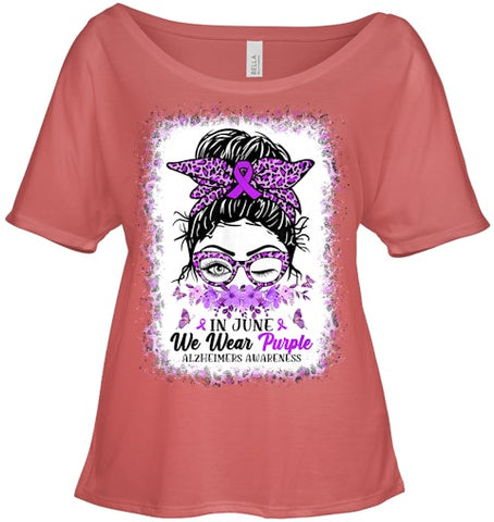 Image of In June We Wear Purple Alzheimer Awareness Messy Bun Support T Shirt