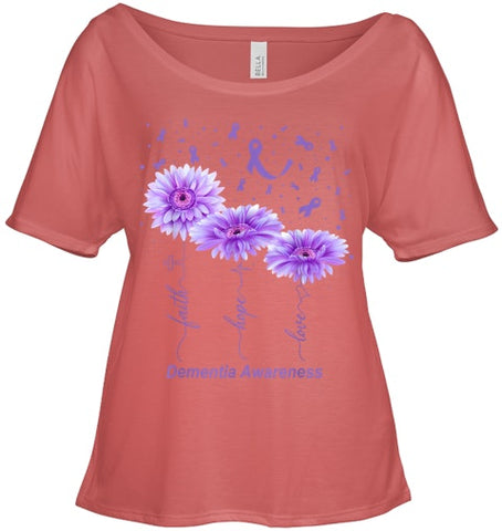 Image of Faith Hope Love Purple Flower Ribbon Dementia Awareness T Shirt