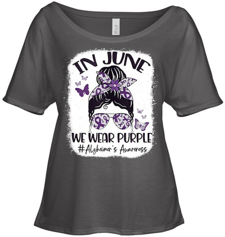 Image of In June We Wear Purple Alzheimer s Awareness Month Messy Bun Tank Top