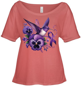 Hummingbird Holding Purple Ribbon Alzheimer Awareness Pansy