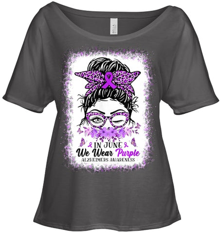 Image of In June We Wear Purple Alzheimer Awareness Messy Bun Support T Shirt