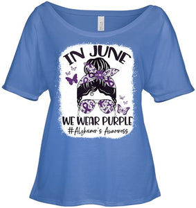 In June We Wear Purple Alzheimer s Awareness Month Messy Bun Tank Top