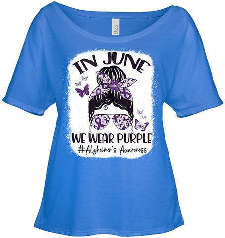 Image of In June We Wear Purple Alzheimer s Awareness Month Messy Bun Tank Top