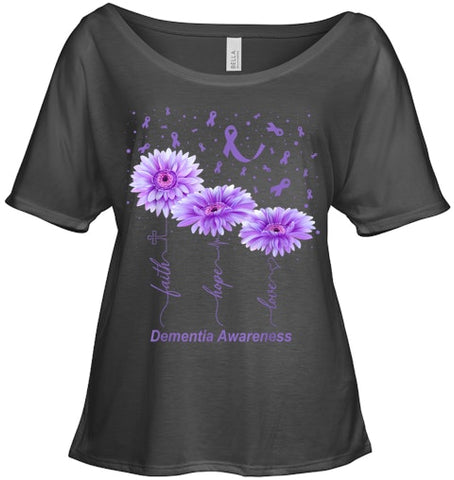 Image of Faith Hope Love Purple Flower Ribbon Dementia Awareness T Shirt