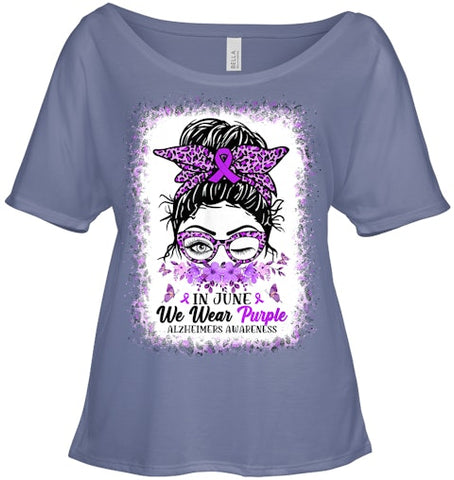 Image of In June We Wear Purple Alzheimer Awareness Messy Bun Support T Shirt