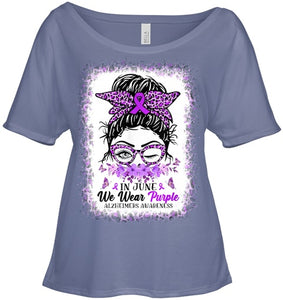 In June We Wear Purple Alzheimer Awareness Messy Bun Support T Shirt