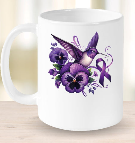 Image of Hummingbird Holding Purple Ribbon Alzheimer Awareness Pansy