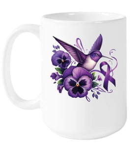 Hummingbird Holding Purple Ribbon Alzheimer Awareness Pansy