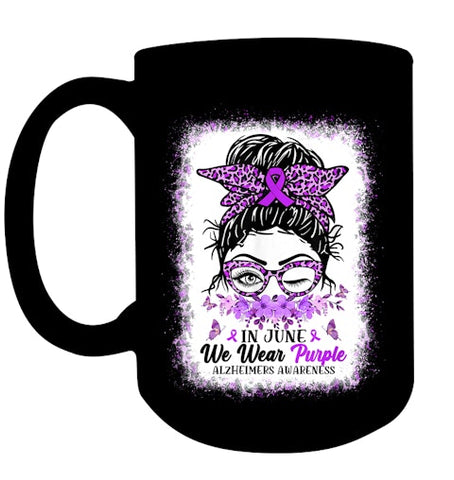 Image of In June We Wear Purple Alzheimer Awareness Messy Bun Support T Shirt