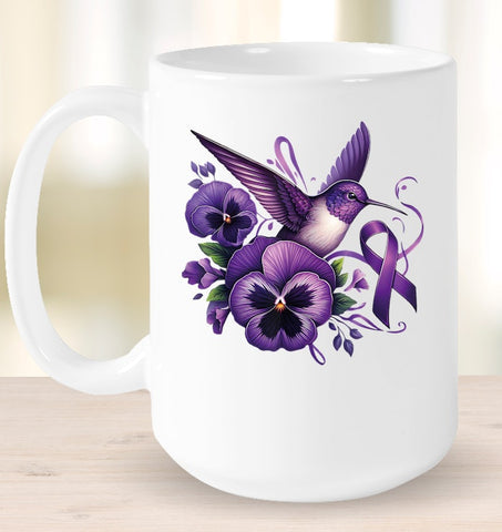 Image of Hummingbird Holding Purple Ribbon Alzheimer Awareness Pansy