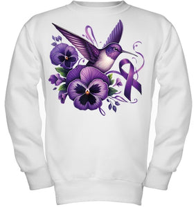 Hummingbird Holding Purple Ribbon Alzheimer Awareness Pansy