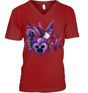 Hummingbird Holding Purple Ribbon Alzheimer Awareness Pansy