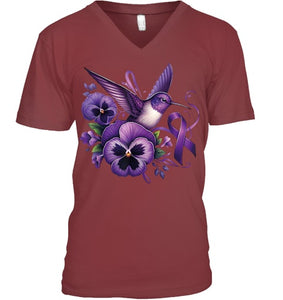 Hummingbird Holding Purple Ribbon Alzheimer Awareness Pansy