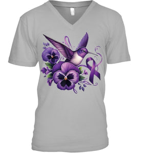 Hummingbird Holding Purple Ribbon Alzheimer Awareness Pansy