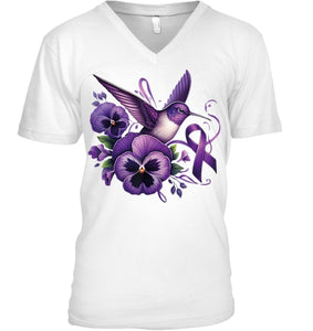 Hummingbird Holding Purple Ribbon Alzheimer Awareness Pansy