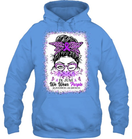 Image of In June We Wear Purple Alzheimer Awareness Messy Bun Support T Shirt