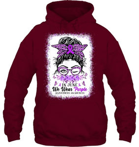 In June We Wear Purple Alzheimer Awareness Messy Bun Support T Shirt