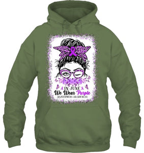 In June We Wear Purple Alzheimer Awareness Messy Bun Support T Shirt