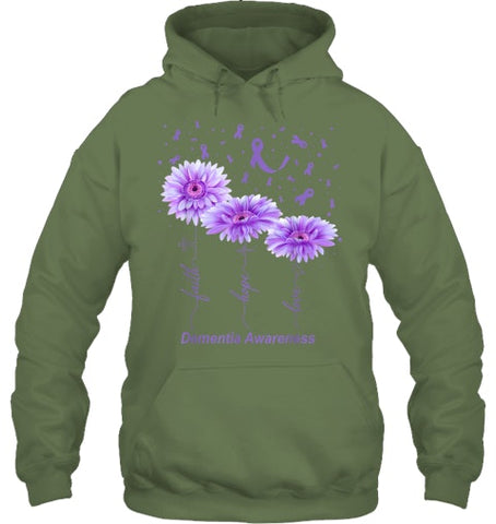 Image of Faith Hope Love Purple Flower Ribbon Dementia Awareness T Shirt