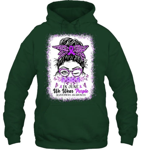 Image of In June We Wear Purple Alzheimer Awareness Messy Bun Support T Shirt