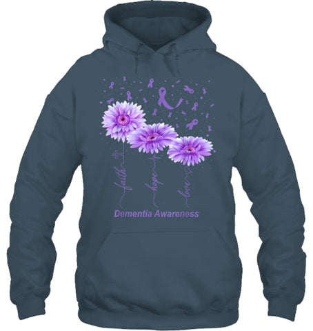 Image of Faith Hope Love Purple Flower Ribbon Dementia Awareness T Shirt