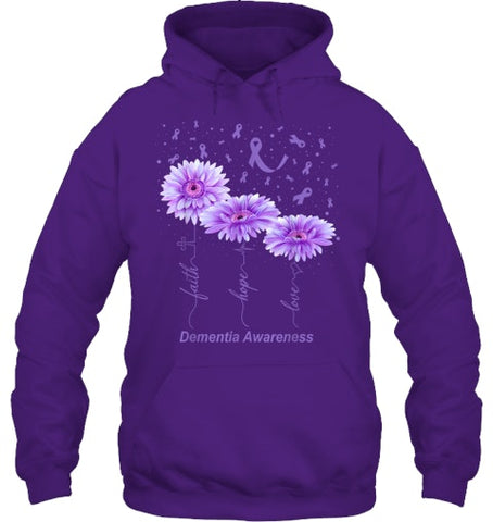 Image of Faith Hope Love Purple Flower Ribbon Dementia Awareness T Shirt