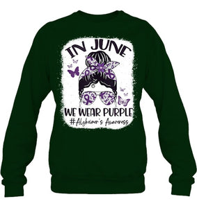 In June We Wear Purple Alzheimer s Awareness Month Messy Bun Tank Top