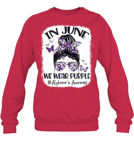 Image of In June We Wear Purple Alzheimer s Awareness Month Messy Bun Tank Top