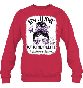 In June We Wear Purple Alzheimer s Awareness Month Messy Bun Tank Top