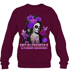 End AlzheImer's Skull Girl Flowers   Alzheimer's Awareness