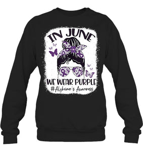 In June We Wear Purple Alzheimer s Awareness Month Messy Bun Tank Top