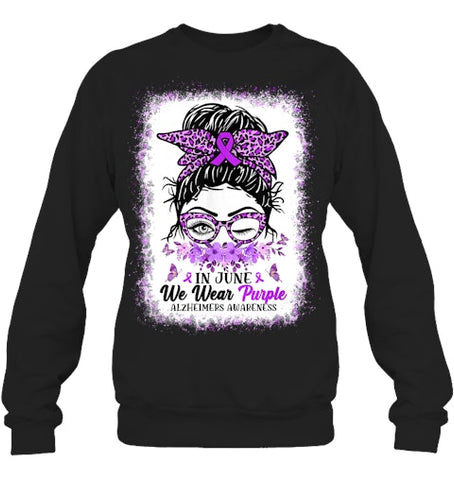 Image of In June We Wear Purple Alzheimer Awareness Messy Bun Support T Shirt