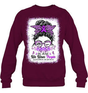 In June We Wear Purple Alzheimer Awareness Messy Bun Support T Shirt